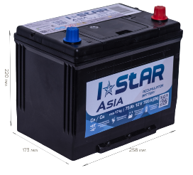 Акумулятор стартерний 6СТ-75 АПЗ I STAR ASIA (-/+)